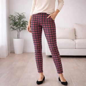Plaid Skinny Pants Womens S Red Black Check Stretch Pull On Career Casual